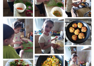Zuzia i jej brat smażą kotlety z warzywami i przygotowują surówkę. 