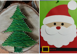 Zrobiliśmy też obrazek choinki w drewnie i obrazek świętego Mikołaja z kartonu.