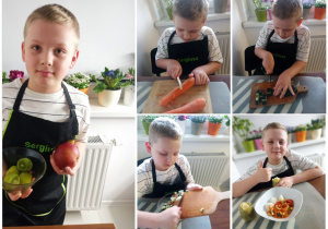 Sergiusz przygotował ryż w warzywami gotowanymi na parze oraz mus z kiwi, jabłka i gruszki.