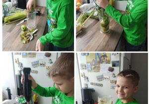 Szymon zrobił zielony koktajl owocowo - warzywny.