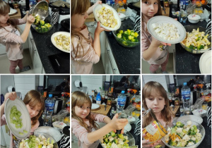 Amelia przygotowuje sałatkę brokułową.